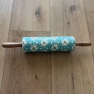 The Pioneer Woman Flea Market Teal Daisy Floral Rolling Pin Cottagecore